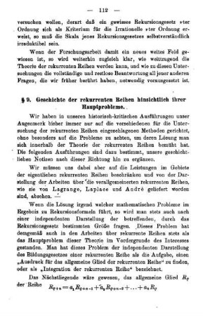 § 9. Geschichte der rekurrenten Reihen hinsichtlich ihrer Hauptprobleme.
