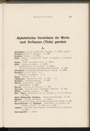 Alphabetisches Verzeichniss der Werke nach Verfassern (Titeln) geordnet.