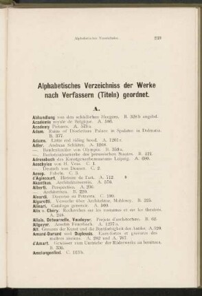 Alphabetisches Verzeichniss der Werke nach Verfassern (Titeln) geordnet.