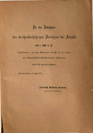 Festschrift zu der dritten Säcularfeier des Königlichen Gymnasiums zu Heiligenstadt