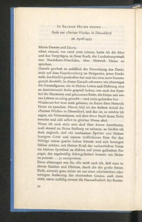 In Sachen Heine gegen... Rede zur "Pariser Woche" in Düsseldorf 26. April 1955