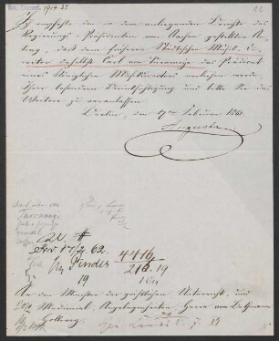 Brief an den Minister der geistlichen, Unterrichts- und Medicinial-Angelegenheiten Herrn von Bethmann-Hollweg : 12ten Februar 1862