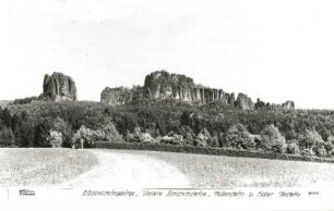 Sächsische Schweiz, Schrammsteine. Falkenstein und Schrammsteinkette. Blick von Altendorf nach Südost