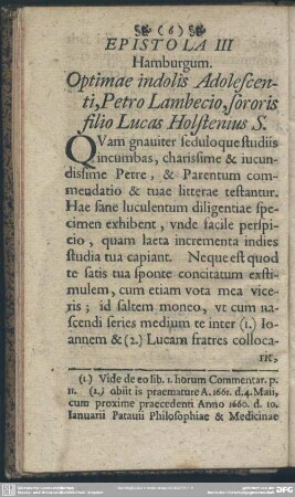 Epistola III Hamburgum. Optimae indolis Adolescenti, Petro Lambecio, sororis filio Lucas Holstenius S.