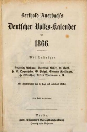 Berthold Auerbach's deutscher Volkskalender : auf d. Jahr .... 1866