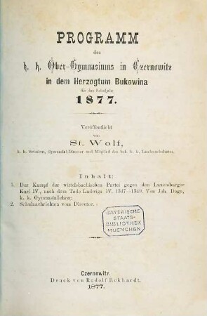 Programm des K.K. Ober-Gymnasiums in Czernowitz in dem Herzogthum Bukowina : veröffentlicht am Schlusse des Schuljahres ..., 1876/77