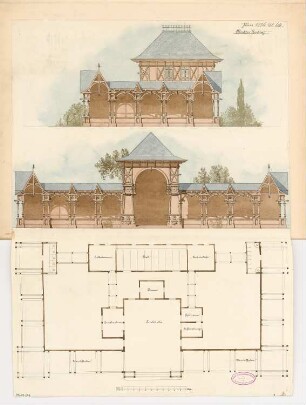 Milchtrinkhalle Monatskonkurrenz Juni 1884: Grundriss, Aufriss der äußeren Wandelhalle: Längsseite, Schmalseite; Maßstabsleiste