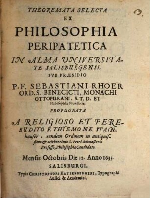 Theoremata Selecta Ex Philosophia Peripatetica