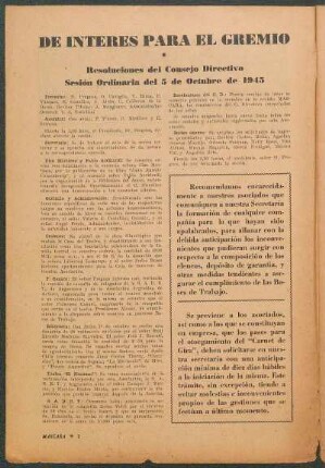 De interés para el gremio : Resolución del Consejo Directivo - Sesión Ordinaria del 5 de Octubre de 1945