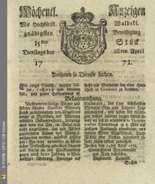 15tes Stueck, Dienstags den 28ten April 1772