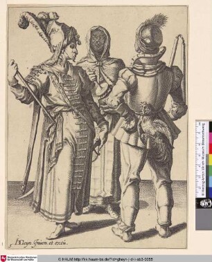 [Ein orientalischer Adliger, ein Bauer mit einem Hahn am Gürtel und eine verschleierte Frau; An Oriental Grandee, a Peasant with a Cock Attached to His Belt and a Veiled Woman Playing the Rumbling-Pot]