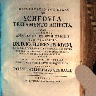 Diss. iur. de schedula testamento adiecta