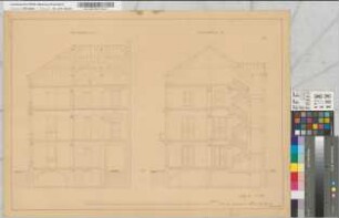 [Entwurf eines Gebäudes.] Schnitte, Grundrisse, Konstruktion der Dachbalken, Ansichten z.T. kolorierte Probezeichnungen des Maurers Josef Reuters aus Aachen