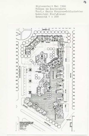 Wohnen am Lauterplatz, Berlin-Friedenau (Diplomarbeit bei Willy Kreuer): Grundriss Erdgeschoss 1:200
