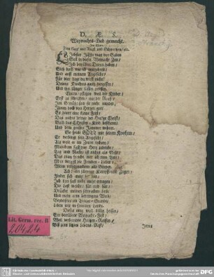 D. Ae. S. Weynachts-Lied gemacht : Im Thon; Zion klagt mit Angst und Schmertzen, etc.