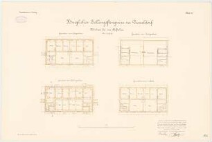 Zellengefängnis, Düsseldorf Wohnhaus für vier Aufseher: Grundriss KG, EG, 1. OG, DG, 1:100