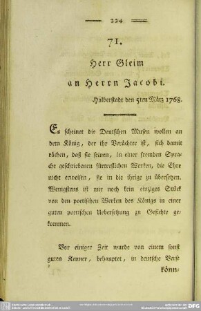 71. Herr Gleim an Herrn Jacobi. Halberstadt den 5ten Märtz 1768