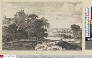 [Flusslandschaft mit Wanderern und Ruine]