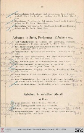 Arbeiten in Stein, Perlmutter, Elfenbein etc. (Nr. 146-155)