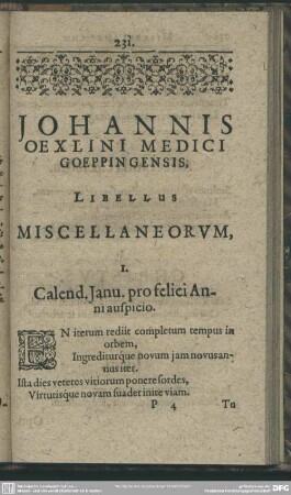 Johannes Oexlini Medici Goeppingensis, Libellus Miscellaneorum
