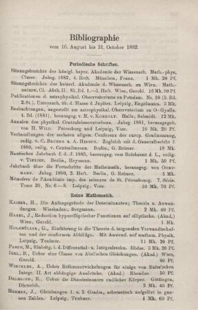 Bibliographie vom 16. August bis 31. October 1882.