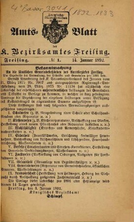 Amts-Blatt des Bezirksamtes Freising. 1892
