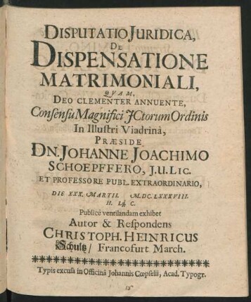 Disputatio Iuridica, De Dispensatione Matrimoniali
