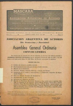 Asociación Argentina de Actores : (De Proteccion y Ayuda Mutua) - Asamblea General Ordinaria - Convocatoria