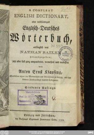 A Compleat English Dictionary, oder vollständiges Englisch-Deutsches Wörterbuch