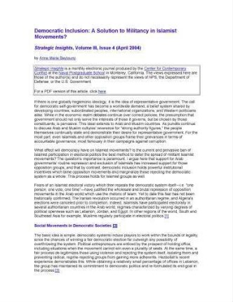 Democratic inclusion : a solution to militancy in Islamist movements? ; Strategic Insights