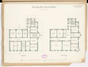 Landratsamt (Kreishaus), Zell/Mosel Monatskonkurrenz Januar 1888: Grundriss Erdgeschoss, 1. Obergeschoss 1:100; Maßstabsleiste