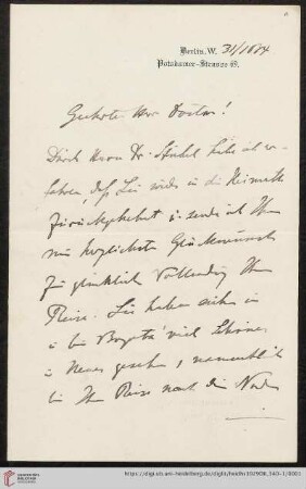 Nachlass Alfred Hettner, Eingegangene Briefe, Korrespondenz Wilhelm Reiss/Alfred Hettner: Brief von Wilhelm Reiss an Alfred Hettner