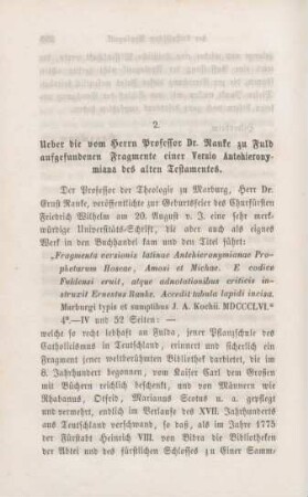 400-421 Ueber die vom Herrn Professor Dr. Ranke zu Fuld aufgefundenen Fragmente einer Versio Antehieronymiana des alten Testamtentes