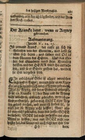 Der Krancke betet, wenn er Artzney gebrauchet.