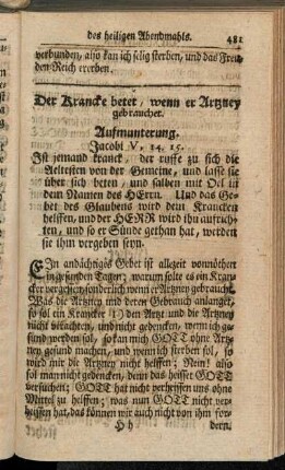 Der Krancke betet, wenn er Artzney gebrauchet.