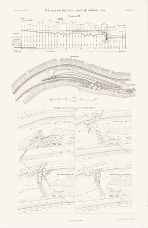 Schleusen- und Wehrbau, Kalkofen/Lahn: Lagepläne, Längsschnitt (aus: Atlas zur Zeitschrift für Bauwesen, hrsg. v. L.v.Tiedemann, Jg. 33, 1883)