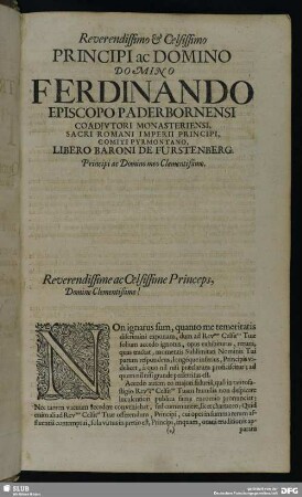 Reverendissimo & Celsissimo Principi ac Domino Domino Ferdinando Episcopo Paderbornensi ...