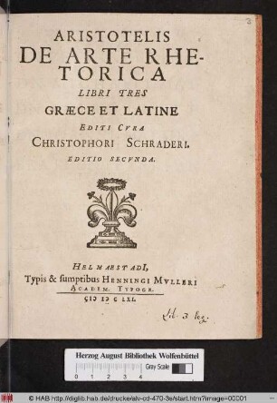 Aristotelis De Arte Rhetorica Libri Tres Græce Et Latine