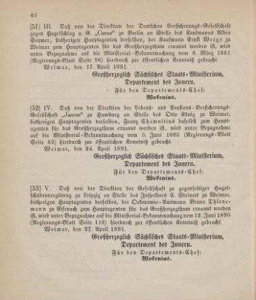52. Ministerial-Bekanntmachung, den Wechsel in der Hauptagentur der Lebens- und Pensions-Versicherungs-Gesellschaft "Janus" zu Hambrug betreffend