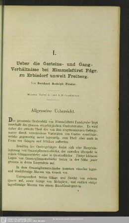 I. Ueber die Gesteins- und Gang-Verhältnisse bei Himmelsfürst Fdgr. zu Erbisdorf unweit Freiberg