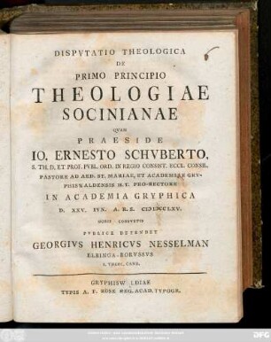 Dispvtatio Theologica De Primo Principio Theologiae Socinianae