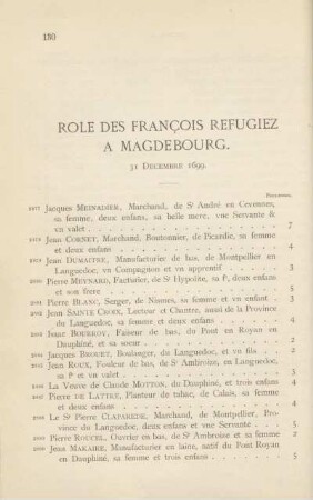 Role des françois refugiez à Magdebourg. 31 décembre 1699
