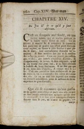 Chapitre XIV. Du Jeu & de ce qu'il y faut observer = Das XIV. Capitel. Vom Spiele, und was dabey zu beobachten