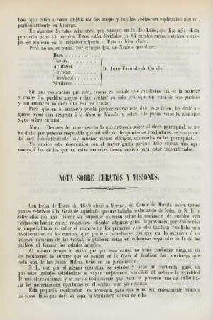 Nota sobre curatos y misiones