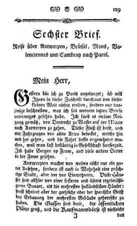 Sechster Brief. Reise über Antwerpen, Brüssel, Mons, Balenciennes und Cambray nach Paris