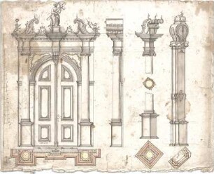 ohne Verfasserangabe; Barock - Zeichnungen eines Portals - Grundriss, Teilgrundrisse, Ansicht, Ansicht m. Schnitt, Details