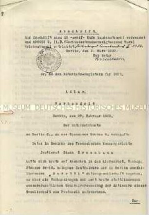 Notariell beglaubigtes Protokoll der ausserordentlichen Generalversammlung am 27. Februar 1922 - Sachkonvolut