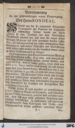 Vorerinnerung zu der gegenwärtigen neuen Verfertigung des Herrn Rondeau.