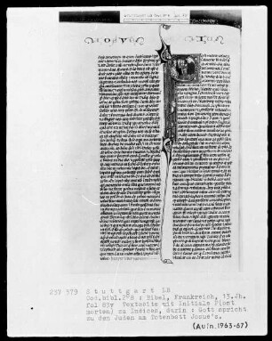 Bibel — Initiale P (ost mortem), darin spricht Gott zu den Juden am Totenbett Josuas, Folio 83verso