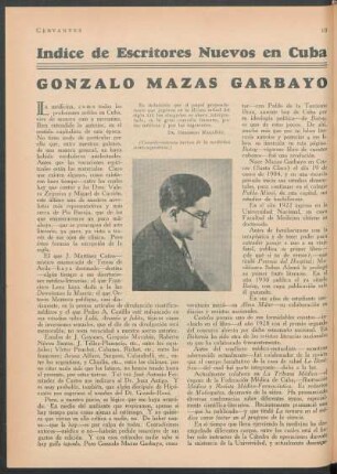 Índice de escritores nuevos en Cuba : Gonzalo Mazas Garbayo